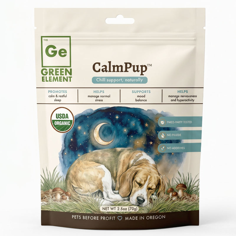 A stand-up pouch of Green Element CalmPup pet supplement, featuring a sleeping dog illustration on the front against a white background.