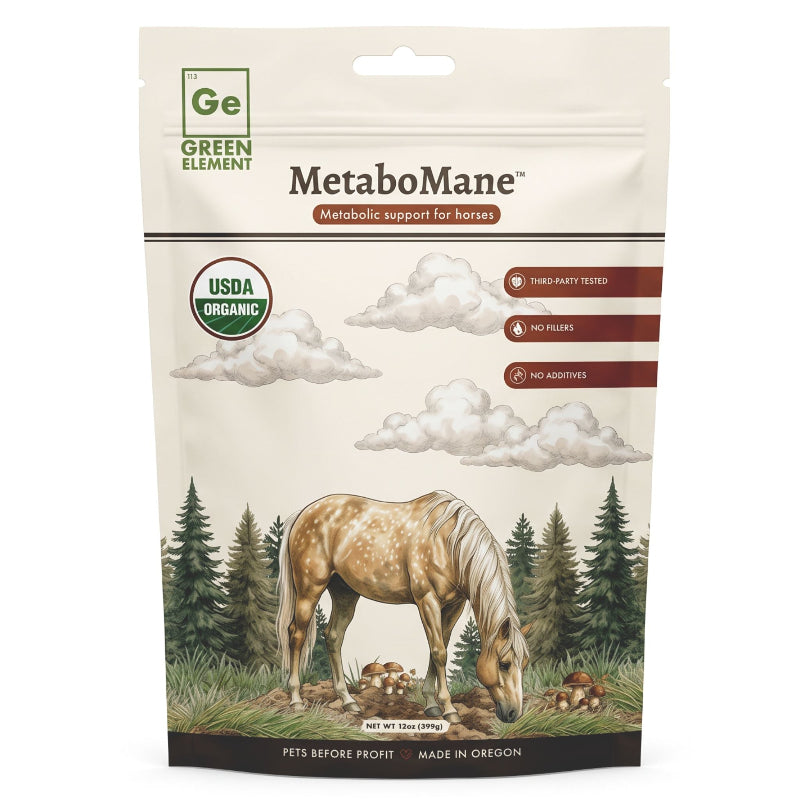 A stand-up pouch of MetaboMane horse supplement by Green Element, featuring a beige background with an illustration of a light brown horse in a forest and clouds. The package includes a USDA Organic seal and product feature callouts.