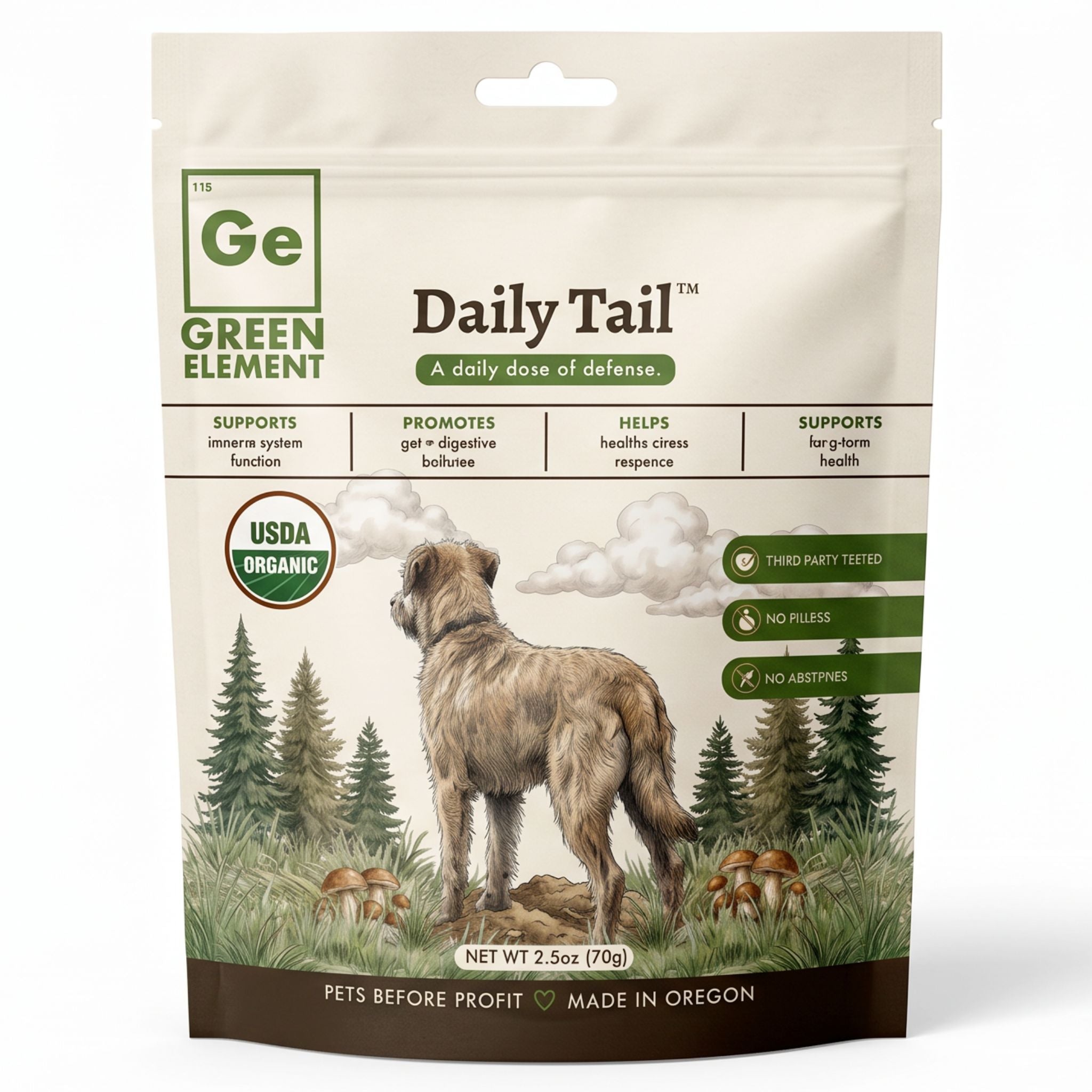 Green Element Daily Tail dog supplement in a 2.5 oz stand-up pouch.
